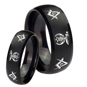 His Hers Masonic Shriners Dome Brush Black Tungsten Mens Ring Engraved Set