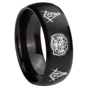 10mm Masonic 32 Design Dome Brush Black Tungsten Carbide Men's Promise Rings