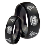 His and Hers Masonic 32 Design Dome Brush Black Tungsten Men's Wedding Ring Set