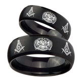 His and Hers Masonic 32 Design Dome Brush Black Tungsten Men's Wedding Ring Set