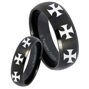 His Hers Multiple Maltese Cross Dome Brush Black Tungsten Wedding Bands Ring Set