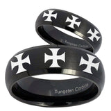 His Hers Multiple Maltese Cross Dome Brush Black Tungsten Wedding Bands Ring Set