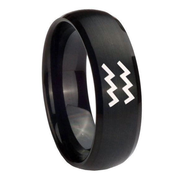 10mm Aquarius Horoscope Dome Brush Black Tungsten Carbide Engagement Ring