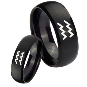 His Hers Aquarius Horoscope Dome Brush Black Tungsten Anniversary Ring Set