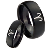 Bride and Groom Aries Zodiac Dome Brush Black Tungsten Carbide Bands Ring Set