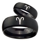 Bride and Groom Aries Zodiac Dome Brush Black Tungsten Carbide Bands Ring Set