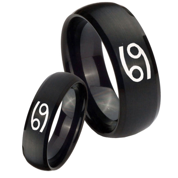 His and Hers Cancer Horoscope Dome Brush Black Tungsten Custom Mens Ring Set