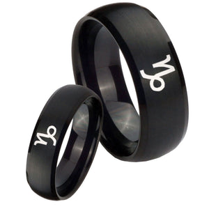 His Hers Capricorn Zodiac Dome Brush Black Tungsten Custom Ring for Men Set