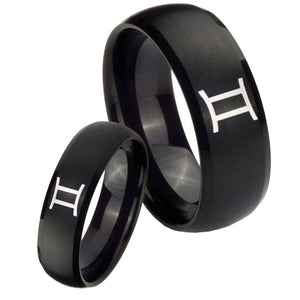 Bride and Groom Gemini Zodiac Dome Brush Black Tungsten Engagement Ring Set