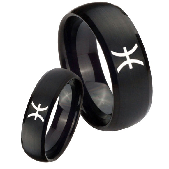 Bride and Groom Pisces Zodiac Dome Brush Black Tungsten Men's Band Ring Set