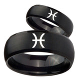 Bride and Groom Pisces Zodiac Dome Brush Black Tungsten Men's Band Ring Set