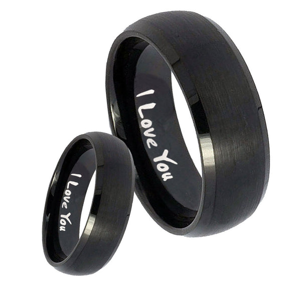 Bride and Groom I Love You Dome Brush Black Tungsten Mens Promise Ring Set
