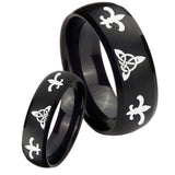 His Hers Celtic Triangle Fleur De Lis Dome Brush Black Tungsten Promise Ring Set