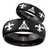 His Hers Celtic Triangle Fleur De Lis Dome Brush Black Tungsten Promise Ring Set