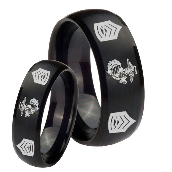 Bride and Groom Marine Army Sergeant Dome Brush Black Tungsten Carbide Mens Ring Set