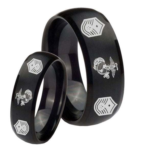 His and Hers Marine Chief Master Sergeant  Dome Brush Black Tungsten Bands Ring Set