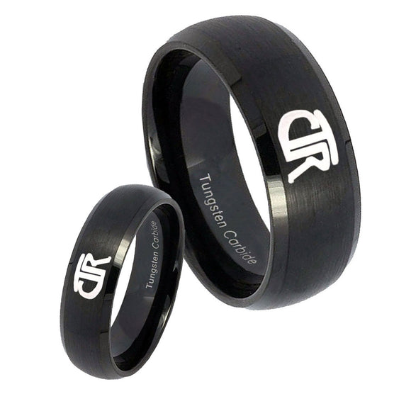 Bride and Groom CTR Dome Brush Black Tungsten Carbide Mens Ring Engraved Set