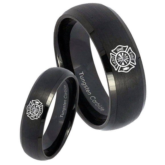 Bride and Groom Fire Department Dome Brush Black Tungsten Engraved Ring Set