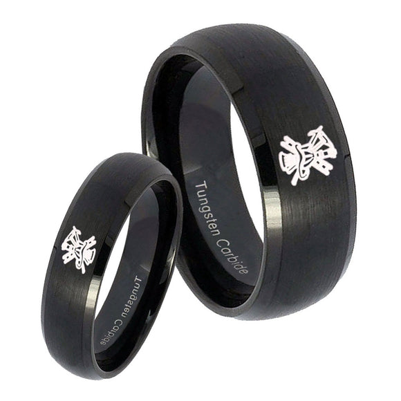 Bride and Groom Fireman Dome Brush Black Tungsten Carbide Mens Ring Engraved Set