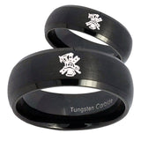 Bride and Groom Fireman Dome Brush Black Tungsten Carbide Mens Ring Engraved Set