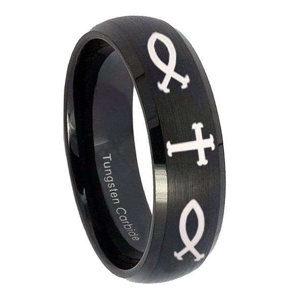 10mm Fish & Cross Dome Brush Black Tungsten Carbide Promise Ring