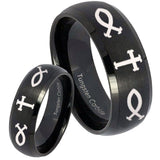 Bride and Groom Fish & Cross Dome Brush Black Tungsten Carbide Bands Ring Set
