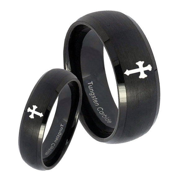 His Hers Flat Christian Cross Dome Brush Black Tungsten Custom Mens Ring Set