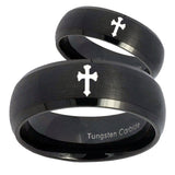 His Hers Flat Christian Cross Dome Brush Black Tungsten Custom Mens Ring Set