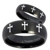 His Hers Multiple Christian Cross Dome Brush Black Tungsten Wedding Ring Set