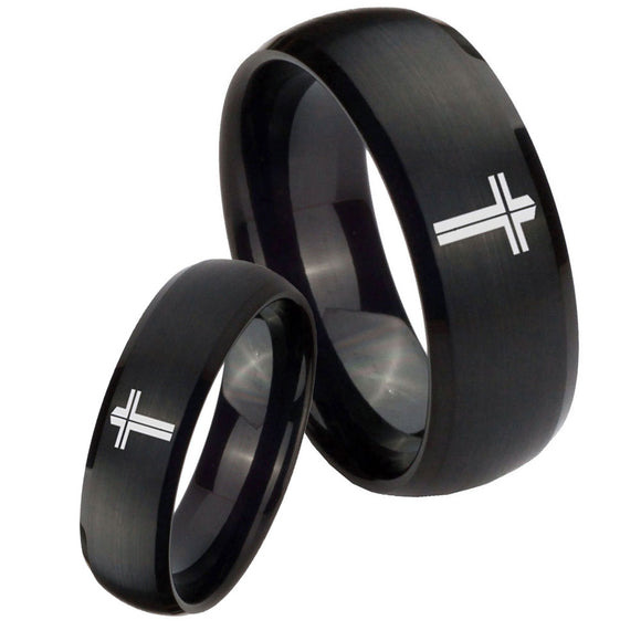 His Hers Flat Christian Cross Dome Brush Black Tungsten Personalized Ring Set