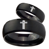 His Hers Flat Christian Cross Dome Brush Black Tungsten Personalized Ring Set