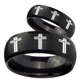 His Hers Multiple Christian Cross Dome Brush Black Tungsten Rings for Men Set