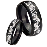 His Hers Etched Tribal Pattern Dome Brush Black Tungsten Men's Band Set