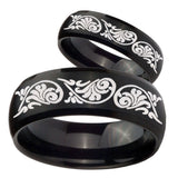 His Hers Etched Tribal Pattern Dome Brush Black Tungsten Men's Band Set