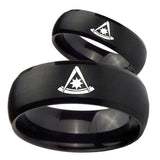 His Hers Pester Master Masonic Dome Brush Black Tungsten Mens Ring Set