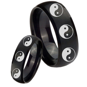 His Hers Multiple Yin Yang Dome Brush Black Tungsten Mens Wedding Ring Set