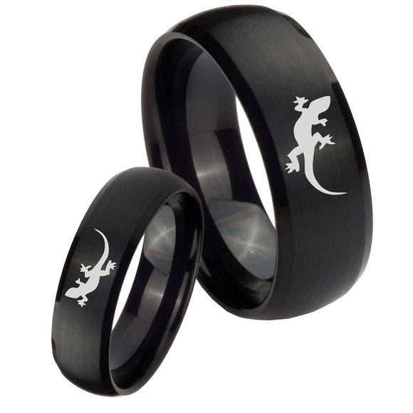 Bride and Groom Lizard Dome Brush Black Tungsten Carbide Promise Ring Set