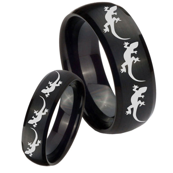 Bride and Groom Multiple Lizard Dome Brush Black Tungsten Men's Band Ring Set