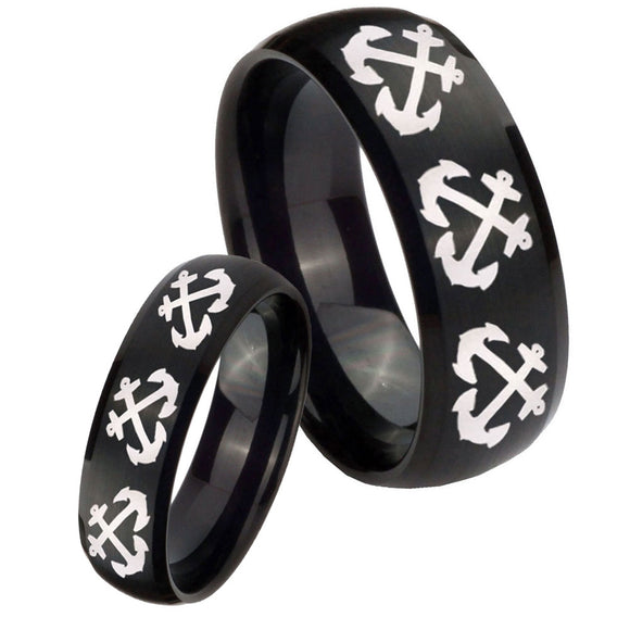 His Hers Multiple Anchor Dome Brush Black Tungsten Custom Ring for Men Set