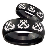 His Hers Multiple Anchor Dome Brush Black Tungsten Custom Ring for Men Set