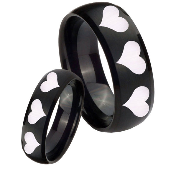 His and Hers Multiple Heart Dome Brush Black Tungsten Wedding Band Ring Set