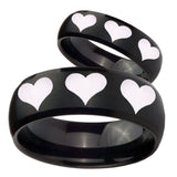 His and Hers Multiple Heart Dome Brush Black Tungsten Wedding Band Ring Set