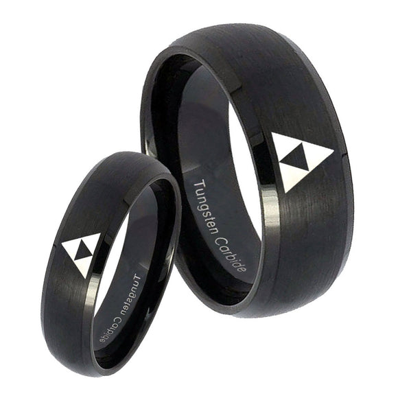 His and Hers Zelda Triforce Dome Brush Black Tungsten Personalized Ring Set