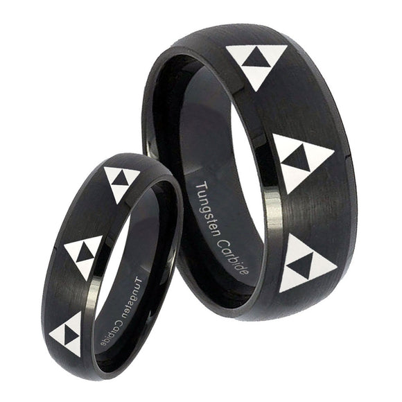 His Hers Multiple Zelda Triforce Dome Brush Black Tungsten Ring Set