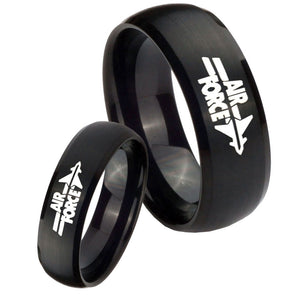 His Hers Air Force Brush Black Dome Tungsten Carbide Wedding Rings Set