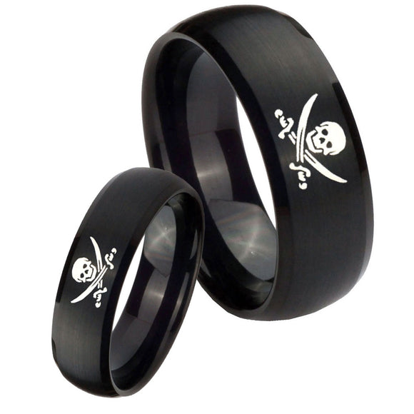 Bride and Groom Skull Pirate Dome Brush Black Tungsten Mens Promise Ring Set