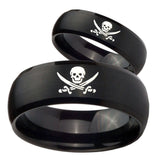 Bride and Groom Skull Pirate Dome Brush Black Tungsten Mens Promise Ring Set