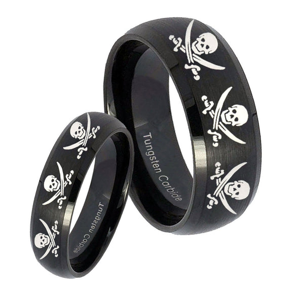 His Hers Multiple Skull Pirate Dome Brush Black Tungsten Mens Band Set