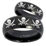 His Hers Multiple Skull Pirate Dome Brush Black Tungsten Mens Band Set