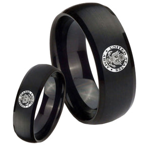 His Hers U.S. Army Dome Brush Black Tungsten Mens Ring Personalized Set